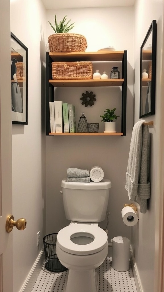 Over-the-toilet storage with wooden shelves and decorative baskets.