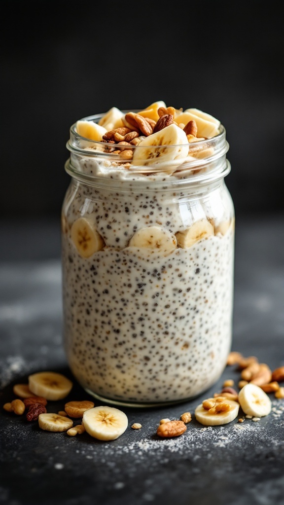 A jar of overnight oats with sliced bananas and nuts on top