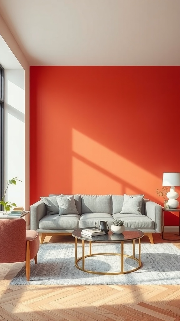 A living room featuring a bright painted accent wall and modern furniture.