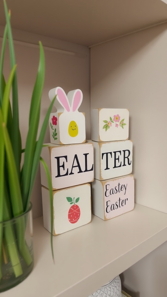 Colorful painted wooden blocks with Easter themes, displayed on a shelf.