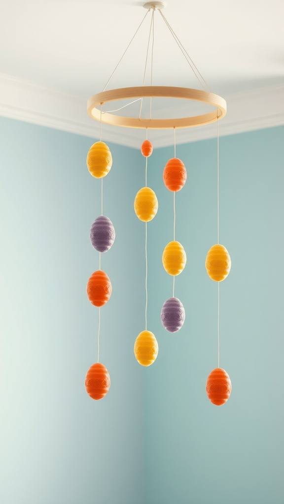 Colorful pasta bead Easter egg mobile hanging from the ceiling