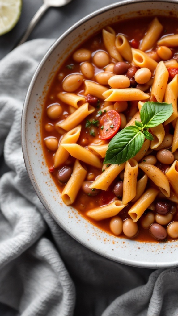 A bowl of Pasta e Fagioli with pasta and beans in a tomato broth