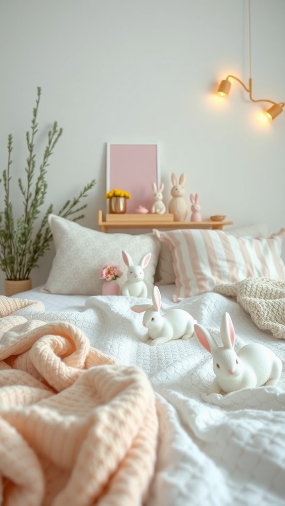 A cozy bedroom with pastel bunny accents, featuring soft bedding and decorative bunnies.