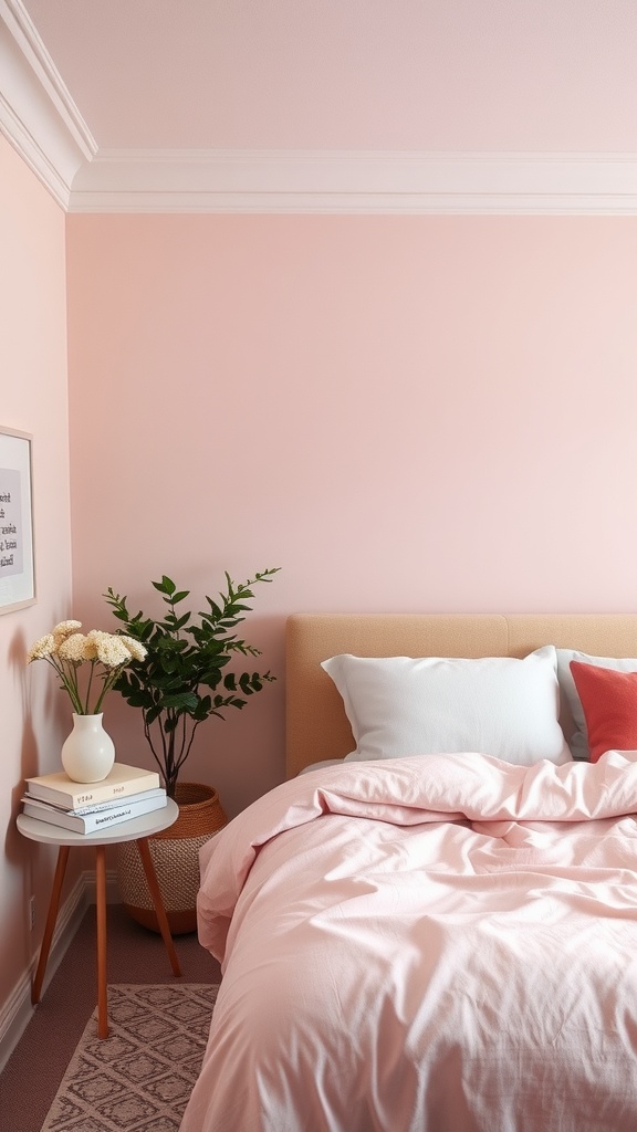 A cozy pastel-themed bedroom with a pink wall, soft bedding, and a touch of greenery.