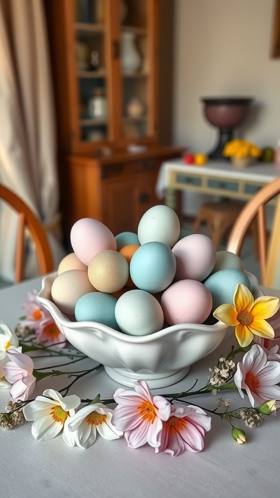 A bowl filled with pastel colored Easter eggs surrounded by flowers on a dining table.