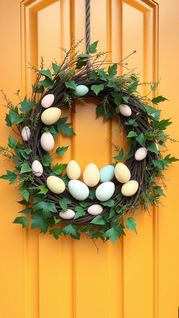 Handmade Easter Wreaths. A pastel egg wreath on a bright yellow door, featuring soft-colored eggs and green leaves.