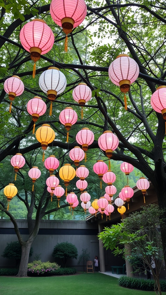 Colorful pastel lanterns hanging from trees in a garden