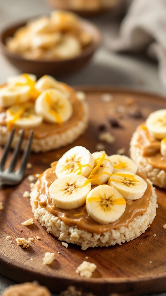 Peanut butter banana rice cakes topped with banana slices.