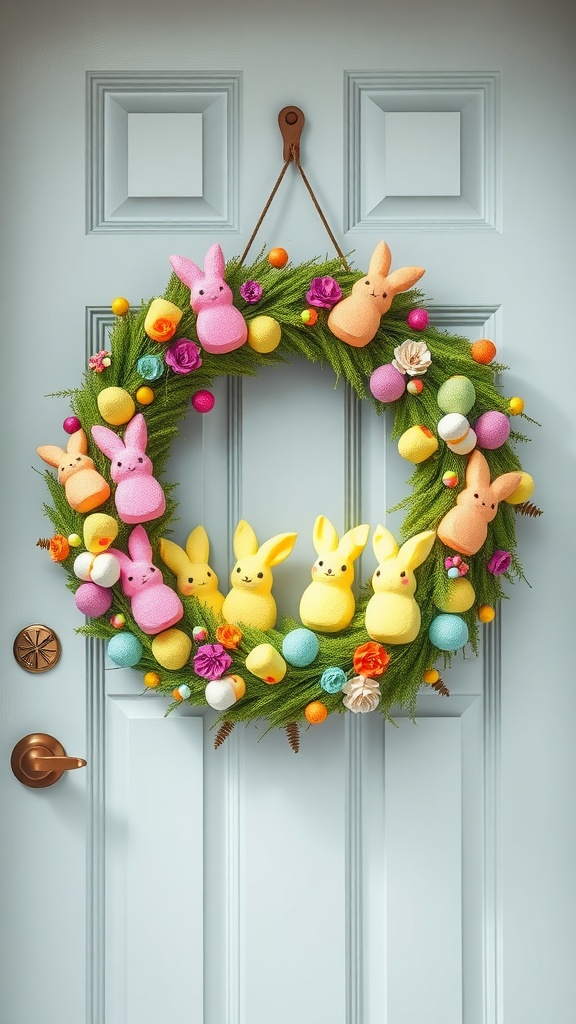 A colorful Easter wreath with bunny figures and flowers on a front door.