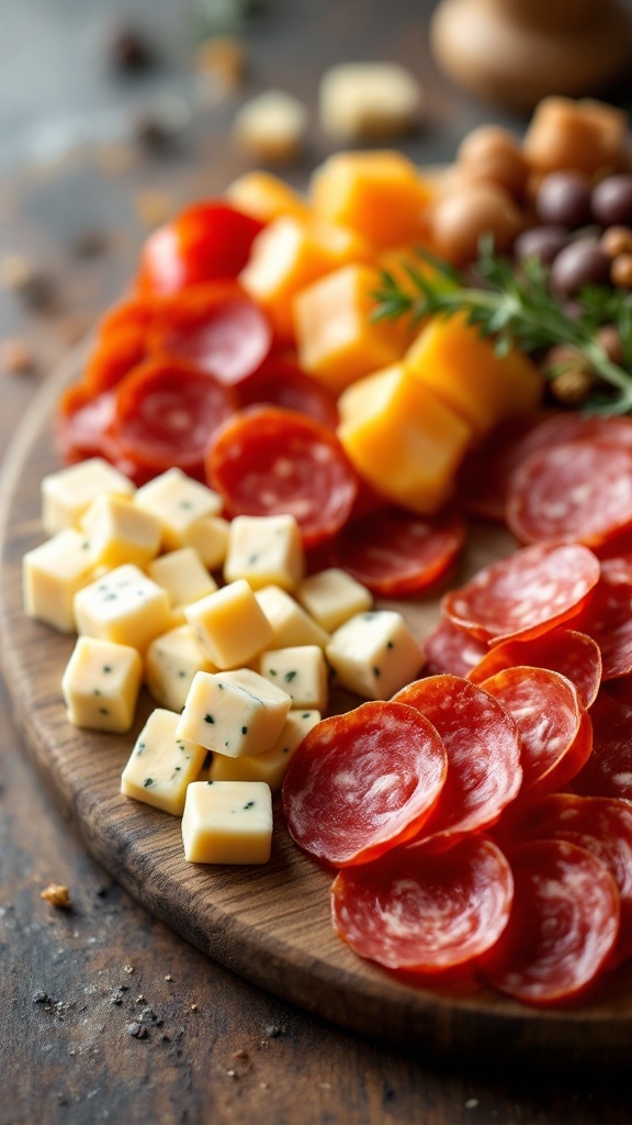 A delicious platter of pepperoni and cheese arranged on a wooden board.