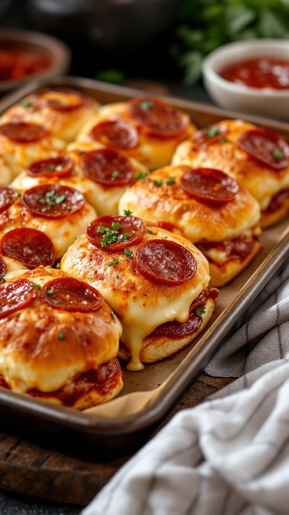 A tray of pepperoni pizza sliders with melted cheese and herbs.