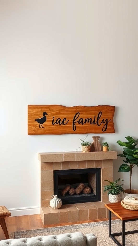 A wooden sign displaying 'iae family' above a cozy fireplace in a living room.