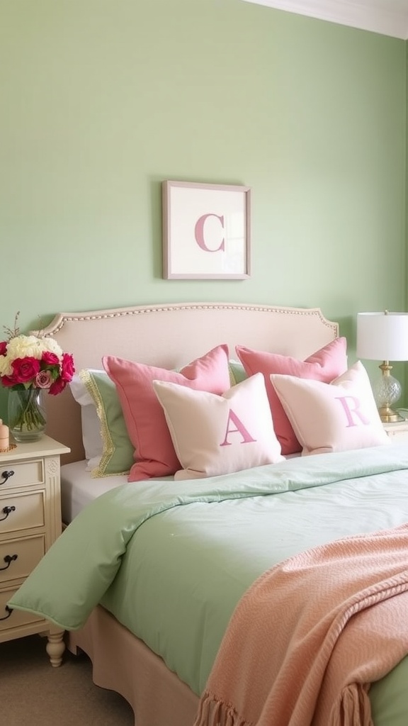 A cozy bedroom featuring pink pillows and sage green walls.