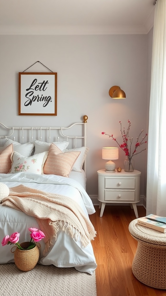 A cozy spring-inspired bedroom featuring floral accents and soft pastel decor.