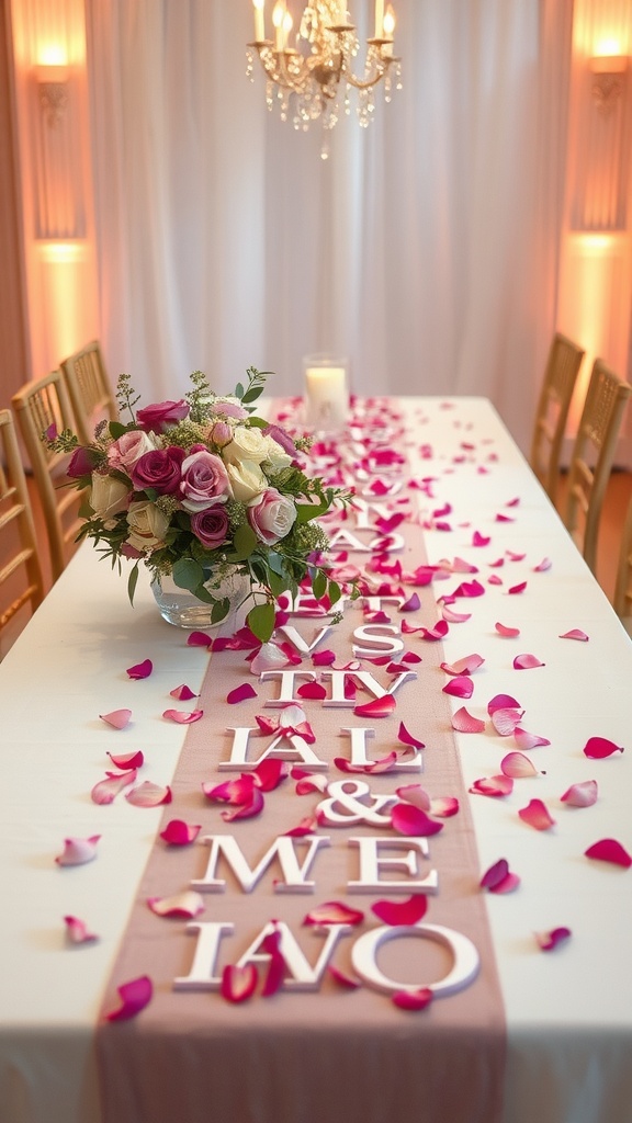 A beautifully arranged table with a petal-strewn runner and a floral centerpiece.