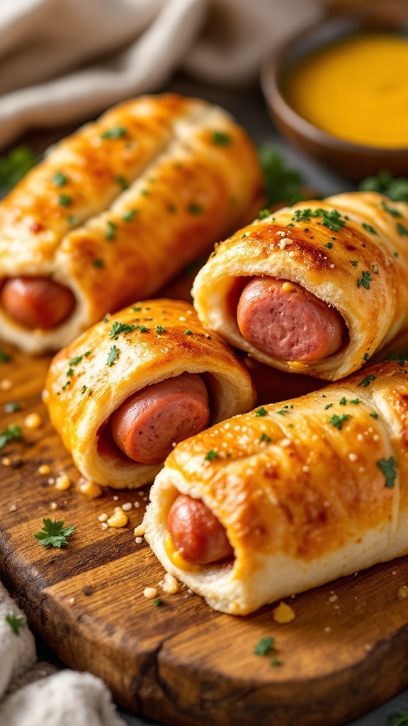 Pigs in a blanket with mustard on a wooden board