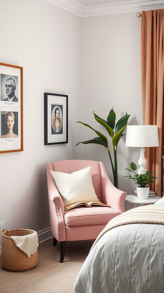 A pink accent chair in a stylish bedroom with sage green and light tones.