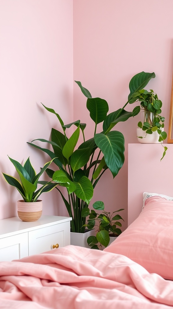 A pink bedroom with various green plants, showcasing a lively and fresh decor.