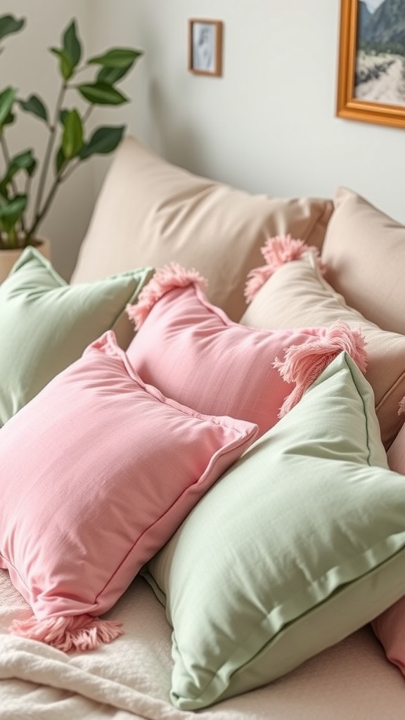 A collection of pink and sage green throw pillows on a light-colored couch.