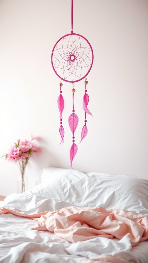 Pink dreamcatcher hanging above a bed with light pink bedding