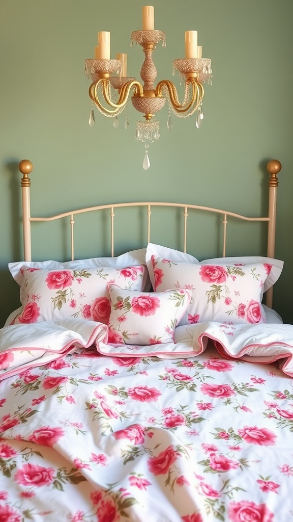 A beautifully arranged bed with pink floral bedding against a sage green wall.