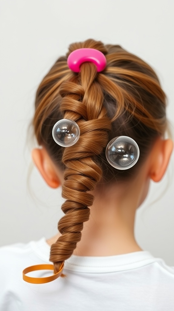 A playful bubble ponytail hairstyle featuring sections tied with colorful bands.