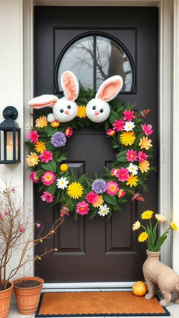 A cheerful pom-pom bunny wreath adorned with vibrant flowers on a front door.