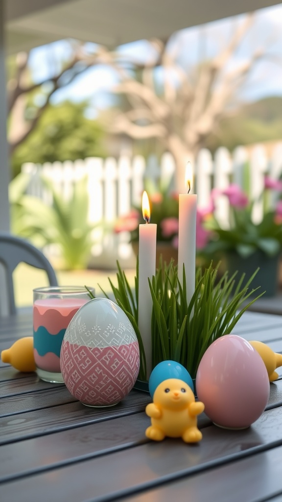 Colorful Easter decorations including scented candle holders and playful figurines.