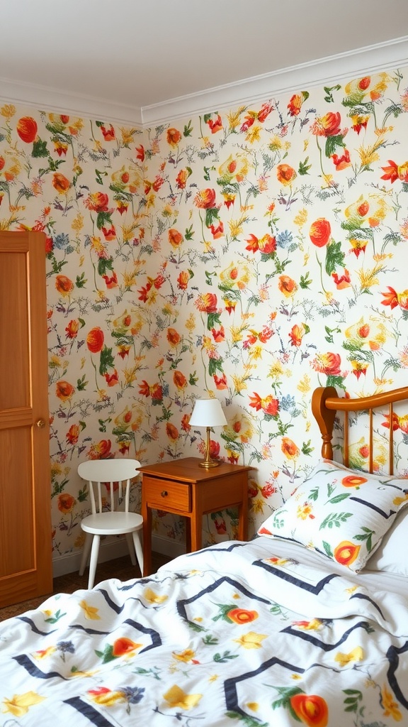 A cozy bedroom with bright floral wallpaper and a white bedspread.