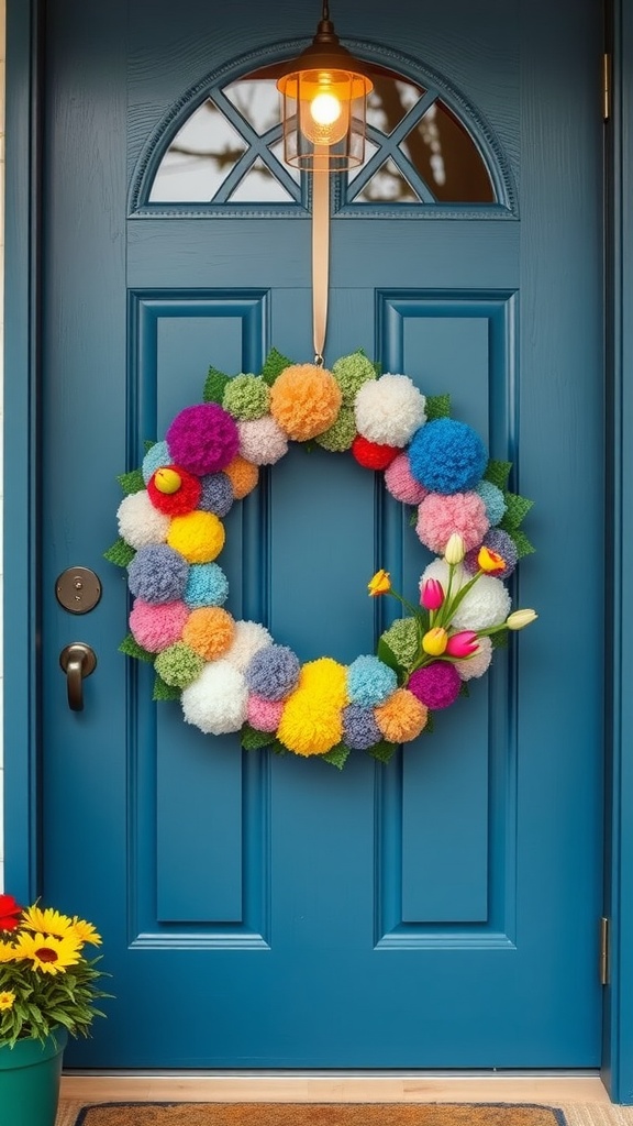 A colorful pom-pom and flower wreath hanging on a blue door.