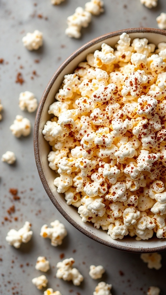 A bowl of popcorn topped with seasoning, surrounded by scattered popcorn.