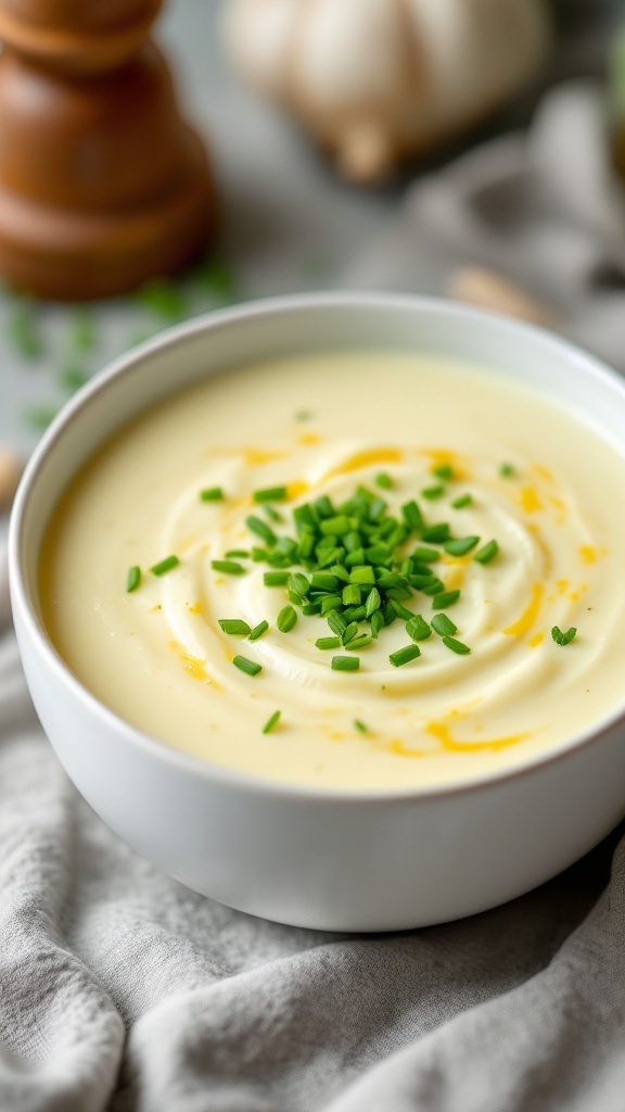 A bowl of creamy potato leek soup garnished with chives.