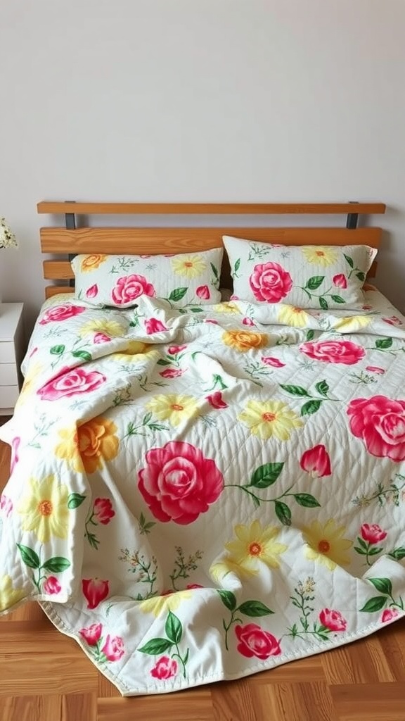 A beautifully designed quilted blanket with colorful flowers on a bed