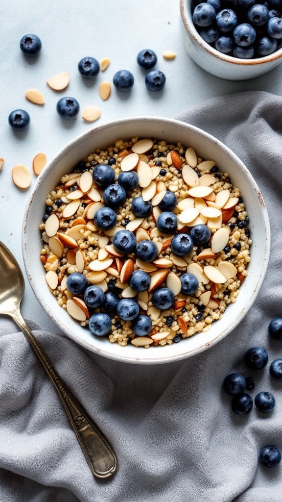 A nutritious quinoa breakfast bowl topped with blueberries and sliced almonds.