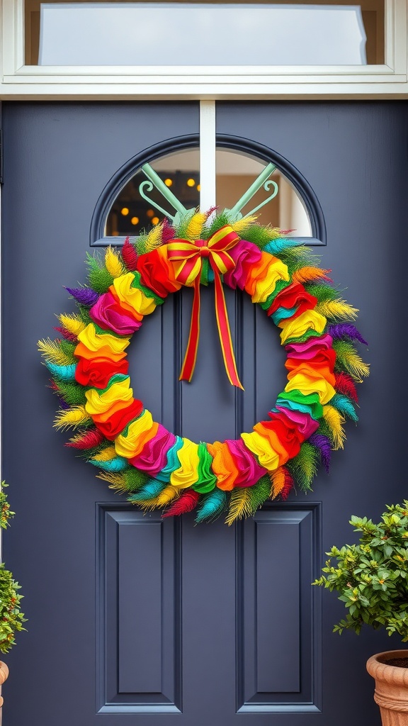 A colorful wreath featuring rainbow-colored fabric and greenery, hanging on a blue door.