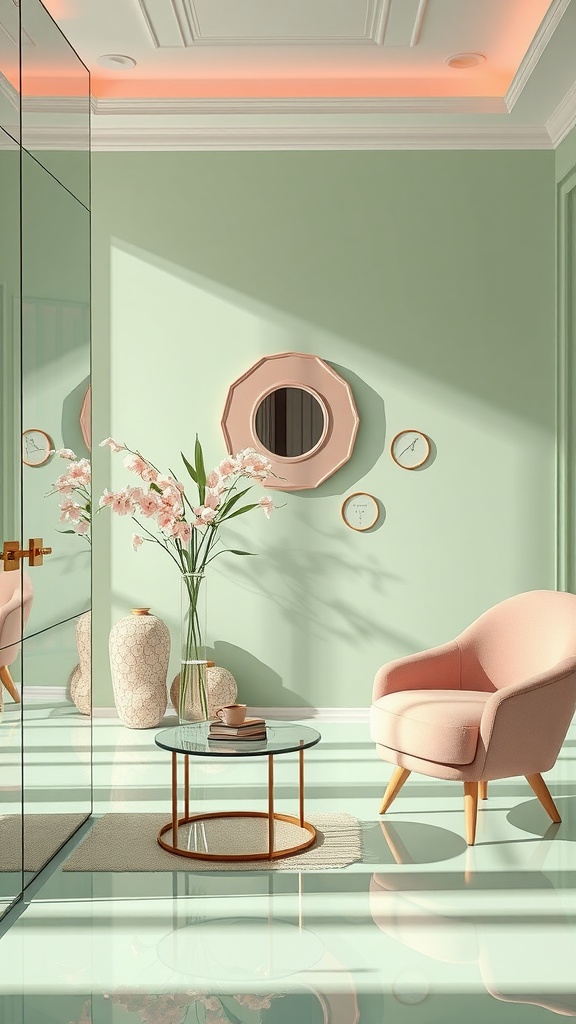 A sage green and pink bedroom featuring reflective surfaces like mirrors and glass furniture.