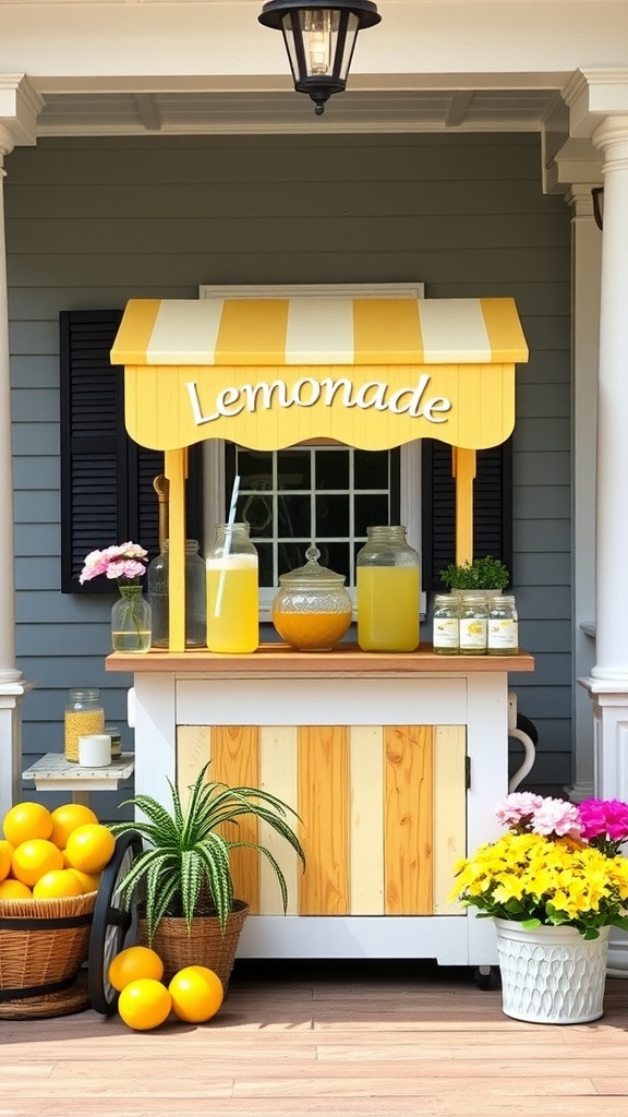 A colorful lemonade stand on a front porch with yellow and white stripes, jars of lemonade, and fresh lemons.