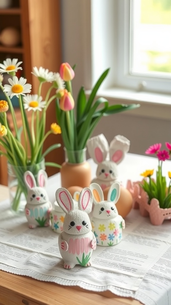 Colorful egg carton bunnies and flowers on a table