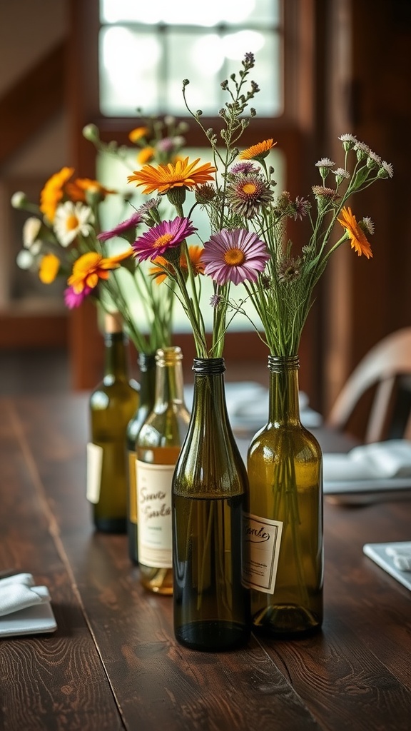 Repurposed wine bottles filled with colorful flowers on a wooden dining table