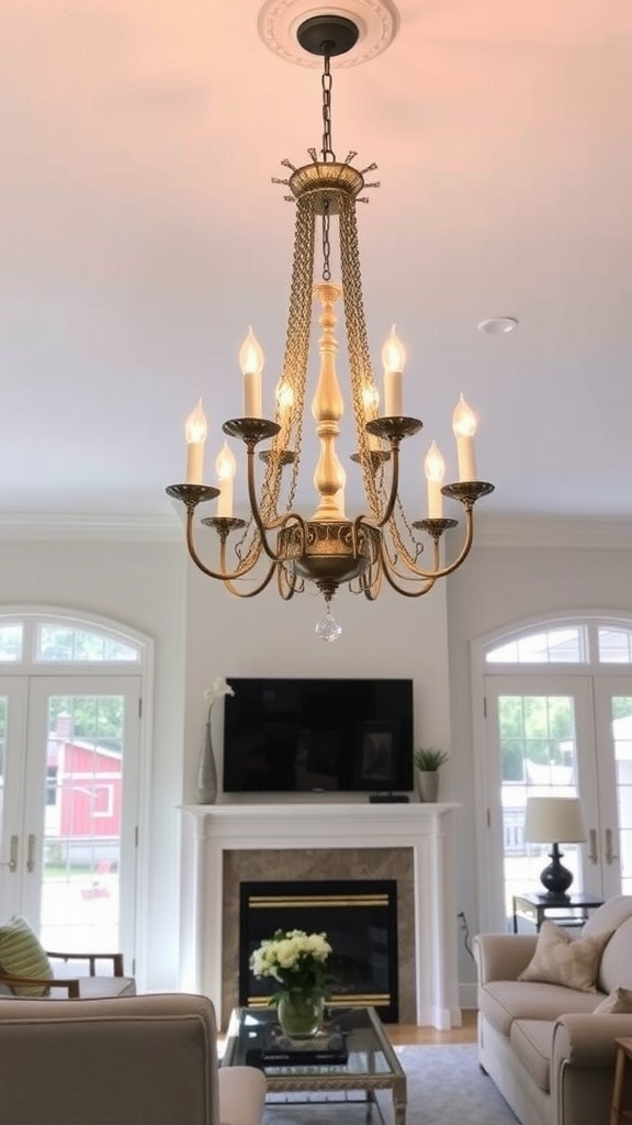 A beautifully lit living room featuring a chandelier and modern decor.