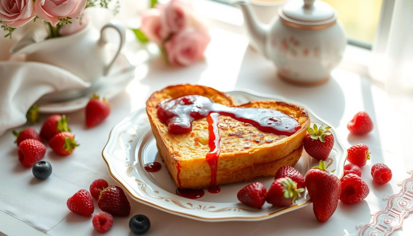 Heart-shaped French toast with berry compote and fresh berries, plated on decorative dish amid soft linens in sunlit setting.