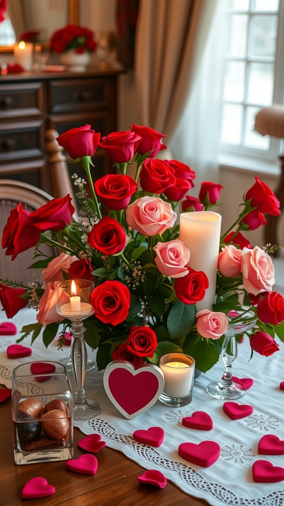 A romantic floral arrangement featuring red and pink roses, candles, and heart-shaped decor on a dining table.