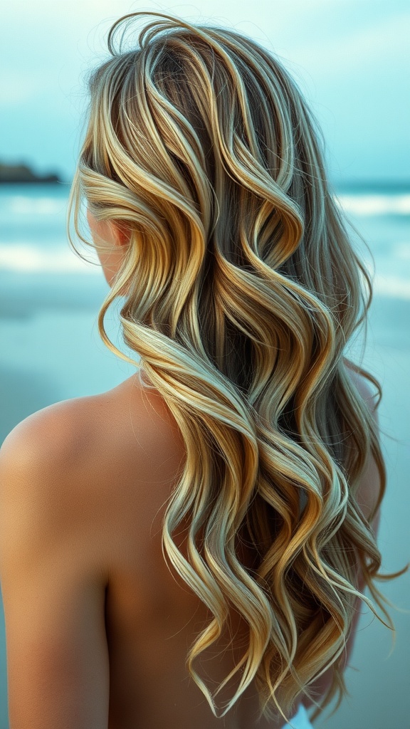 A close-up of a woman with long, loose waves cascading down her back, standing by the beach.