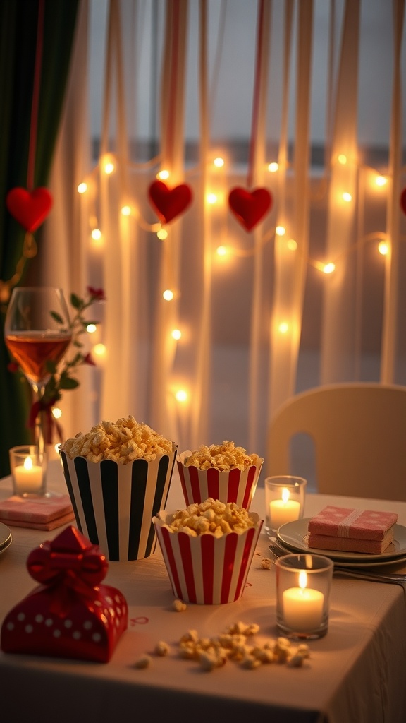 A romantic movie night setup featuring popcorn, candles, and valentine decorations.