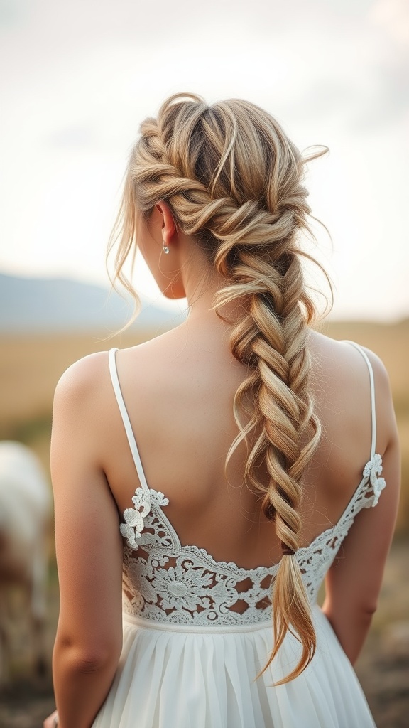 A bride with long hair styled in a romantic side braid, wearing a white dress with intricate lace details.