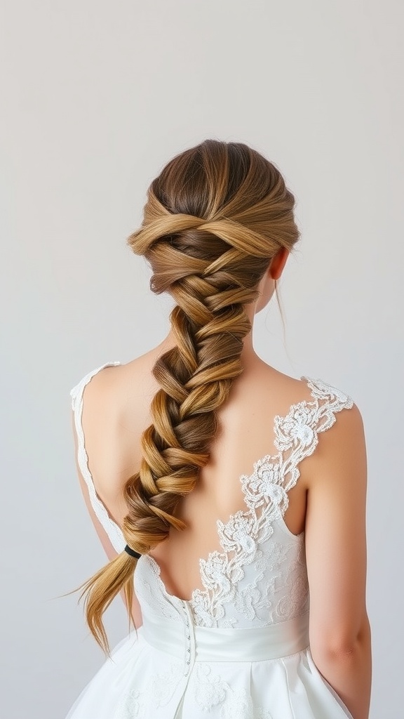 A bride showing off a romantic twisted braid hairstyle, with beautiful detailing on her dress.