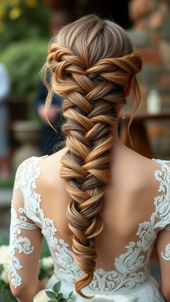 A romantic waterfall braid hairstyle for long hair, showcasing intricate braiding and cascading strands.