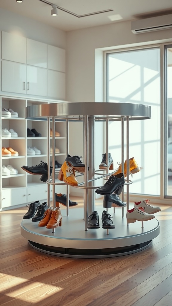 A modern rotating shoe carousel displaying various types of shoes in a bright room