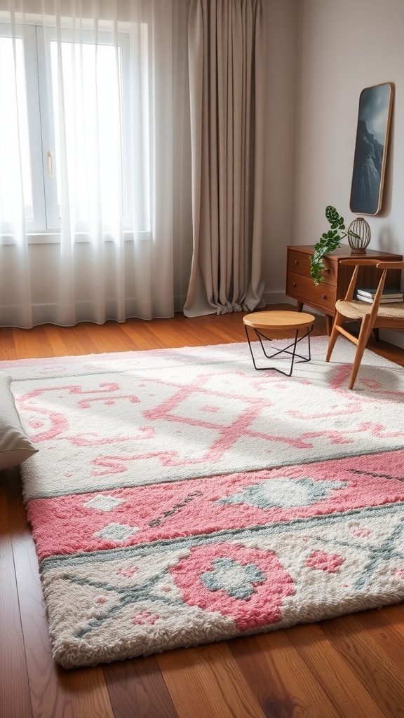 A cozy rug featuring pink and green patterns in a bright, airy bedroom