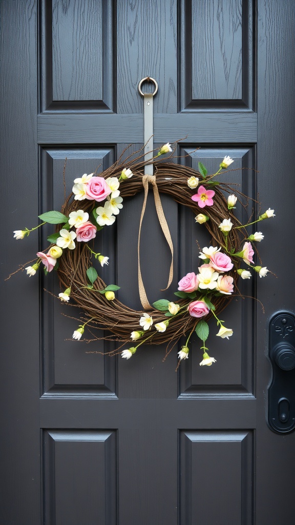 A rustic barn wood wreath with flowers hanging on a dark door